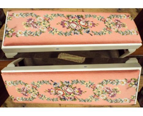 White painted pink tapestry top duet stool and a small foot stool 