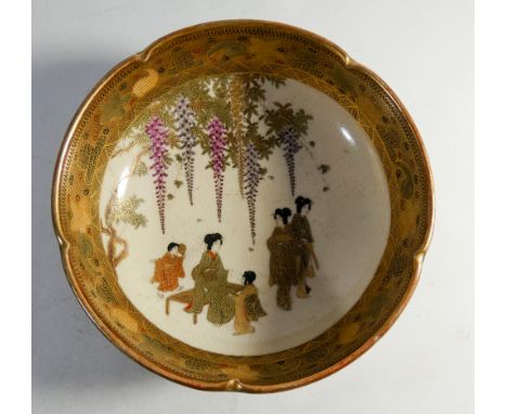 Japanese Satsuma bowl decorated with Wisteria flowers and Geisha girls in original fitted box, bowl diameter 18cm      No obv