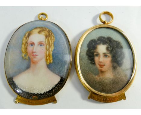 Two 19th Century oval portrait miniatures on ivory in gilt metal frames, Ludivina Stuart Menteth and Harriet Stuart of Alders