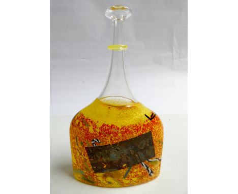 Kosta Boda Art glass flask decorated in a yellow slash design from the artists collection B Vallien signed and numbered on th
