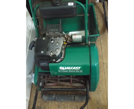 A Qualcast Classic petrol 35S engine cylinder lawnmower with roller 