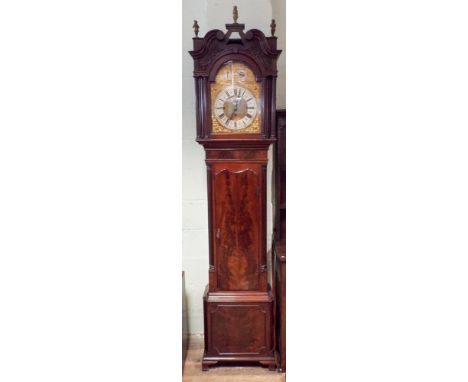 8 day Grandfather clock with arched brass and silver dial with triple fusee movement, Westminster and Whittington chimes on 8