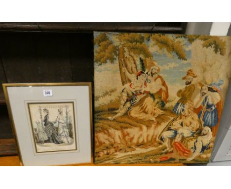 A late 19th century tapestry square panel and a Victorian fashion plate framed 