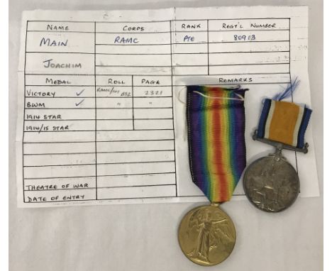 A WWI medal pair, Victory medal and British War medal. Named to 80913 Pte J. Main, Royal Army Medical Corps. 