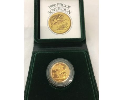 A cased 1980 Proof Sovereign gold coin with leaflet. Green case. 