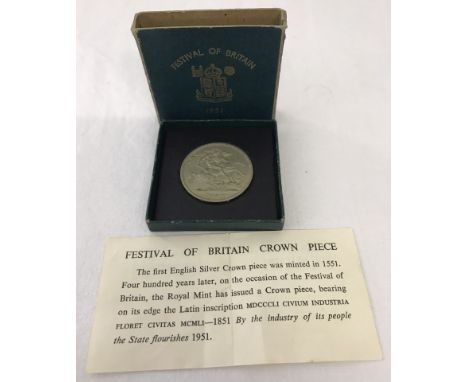 A green slip cased 1951 Festival of Britain Crown. With information leaflet. 
