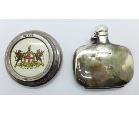 A silver flask and a silver mounted City of London paperweight, flask 63g