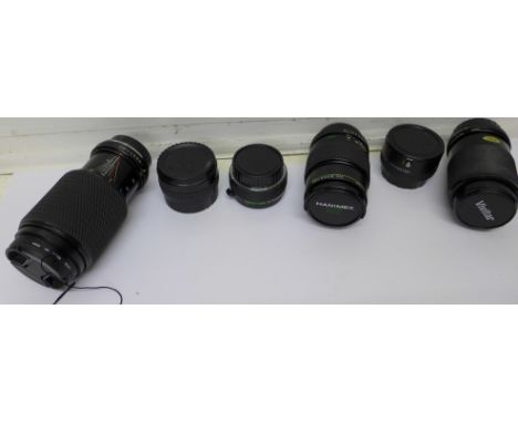 Four camera lenses including Hanimex 135mm, Vivitar 80-210 and two converters; Super Paragon and Regent Auto Tele