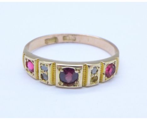 An 18ct gold, diamond and ruby ring, lacking one diamond, 2.2g, N