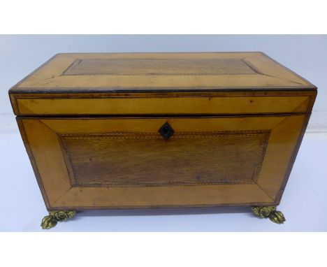 An early 19th Century satinwood tea caddy with gilt metal feet, 29.5cm