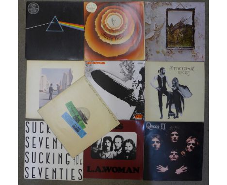 Ten LP records including Pink Floyd, Led Zeppelin, Queen, The Doors, The Rolling Stones and Stevie Wonder