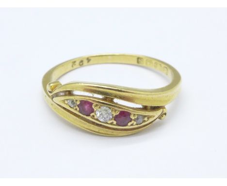 An 18ct gold, diamond and ruby ring, 2.7g, L