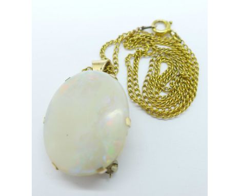 A 9ct gold set opal pendant and chain with brooch pin, 25mm x 21mm, (stone cracked)