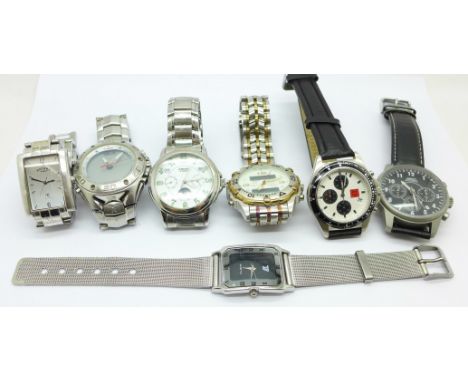 Seven wristwatches including Timex Ironman, Ascot Automatic, Red Tape, Ascot Chronograph, Eric Chevillard and a Rotary tank w