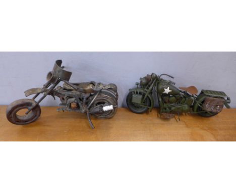 A despatch rider's model motorbike and one other hand made motorbike
