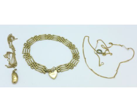 Two 9ct gold chains, a 9ct gold gate bracelet and a 9ct gold charm, 11.6g