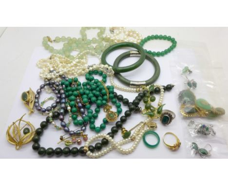 Jewellery including pearl necklaces, jade bangle, brooches and rings