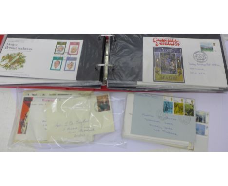 Covers and postal history; 60 First Day Covers in an album, plus a quantity of envelopes and postcards