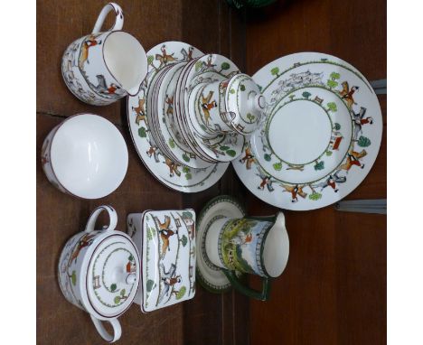 Staffordshire Hunting Scene teawares, milk jug small chip to rim and a Royal Doulton hunting jug and side plate
