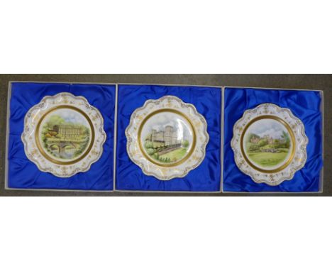 Three Coalport Country Houses of Derbyshire plates, Chatsworth House, Hardwick Hall and Haddon Hall