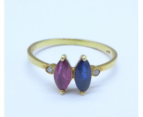 An 18ct gold, diamond, ruby and sapphire ring, 2g, O