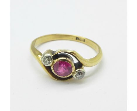 An 18ct gold, ruby and diamond ring, 2.6g, M