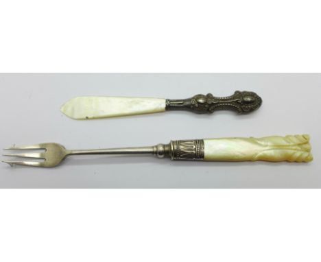 A silver and mother of pearl letter opener, Birmingham 1904, tip a/f, and a pickle fork