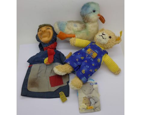 A Steiff glove puppet, Teddy bear and a duck (possibly Steiff)