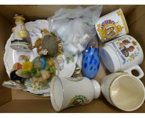 Two Royal Doulton figures, Lord Woodmouse and Lady Woodmouse, two other figures, two Royal Albert plates, two other collector