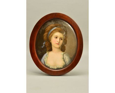 A 19TH CENTURY OVAL PORCELAIN PLAQUE, possibly KPM, painted with a portrait of a late 18th Century lady with a ribbon in her 