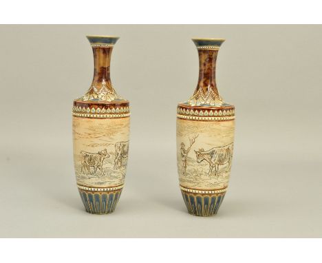 A PAIR OF DOULTON LAMBETH STONEWARE HANNAH BARLOW BALUSTER VASES, the central band incised with a continuous scene of two don