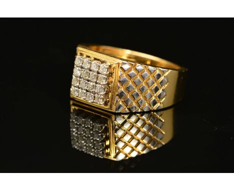 A GENTLEMANS DIAMOND SET SIGNET RING, designed as a square of sixteen claw set brilliant cut diamonds, with crosshatch detail