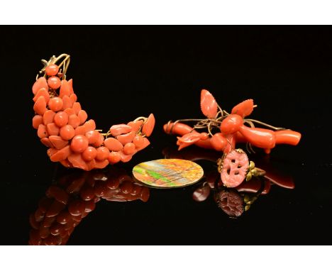 A CORAL COLLECTION, to include two brooches and a glass ring, two brooches of similar appearance, vari cut coral fitted to a 