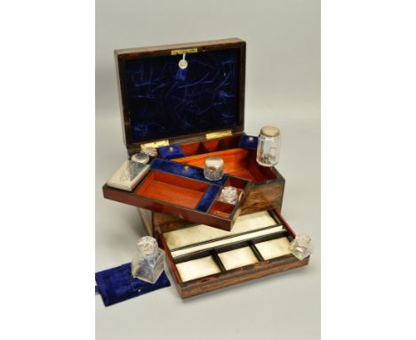 A VICTORIAN COROMANDEL DRESSING CASE, rectangular mother of pearl cartouche to hinged cover and escutcheon, blue velvet lined