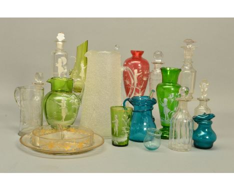 SIX PIECES OF MARY GREGORY STYLE GLASS, together with a 19th Century Hors D'oeuvre dish having gilt decoration, a 19th Centur