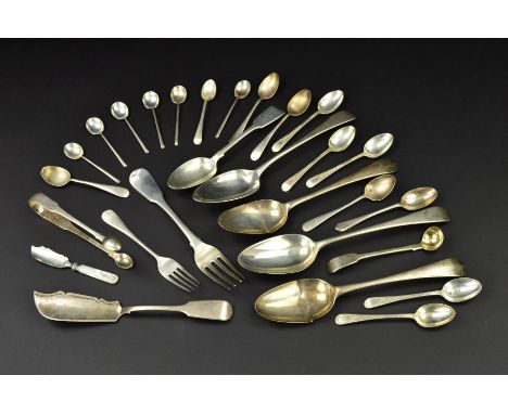 A PARCEL OF 18TH, 19TH AND 20TH CENTURY SILVER FLATWARE, including Old English and Fiddle patterns, a mother of pearl handled