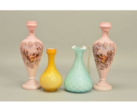 SATIN QUILTED AIR TRAP GLASS, to include a yellow gourd shape vase with zig zag trap lines to the body and a blue jug with di