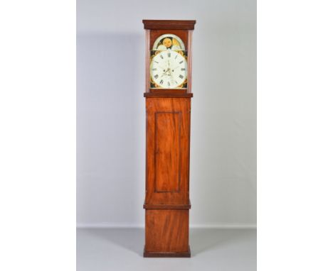 AN EARLY 19TH CENTURY WALNUT LONGCASE CLOCK, the plain hood with moulded cornice and columns, arched door enclosing painted 1