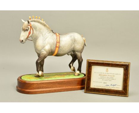 A ROYAL WORCESTER LIMITED EDITION FIGURE 'PERCHERON STALLION', modelled by Doris Lindner, certificate No.401/500, with wooden