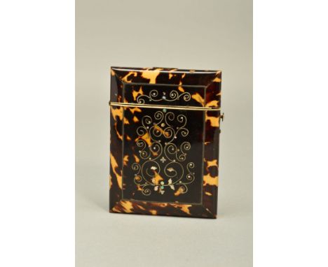 A 19TH CENTURY TORTOISESHELL CARD CASE, of rectangular form, inlaid back and front with mother of pearl and twisted wire inla