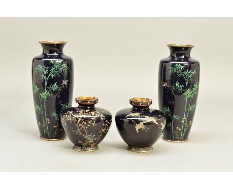 A PAIR OF EARLY 20TH CENTURY JAPANESE CLOISONNE VASES, together with a near pair, taller pair of baluster form each with a si