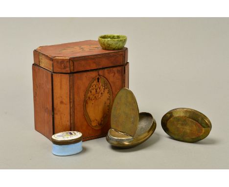 A GEORGE III SATINWOOD AND INLAID TEA CADDY, (in need of restoration), of rectangular form with canted corners, paterae inlai