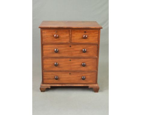 A VICTORIAN WALNUT CHEST OF TWO SHORT OVER THREE LONG DRAWERS, turned wooden handles on plinth base with shaped bracket feet,