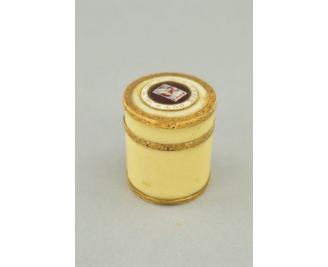 A LATE GEORGIAN IVORY, ENAMEL AND GOLD MOUNTED GAMING COUNTER BOX, of cylindrical form, the screw off cover enamelled with Ki