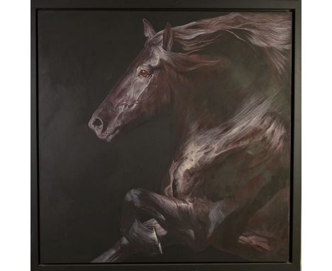HUW WILLIAMS (BRITISH 1968), 'Equus II', a large portrait of a Black Horse, signed verso, acrylic on canvas, framed, approxim