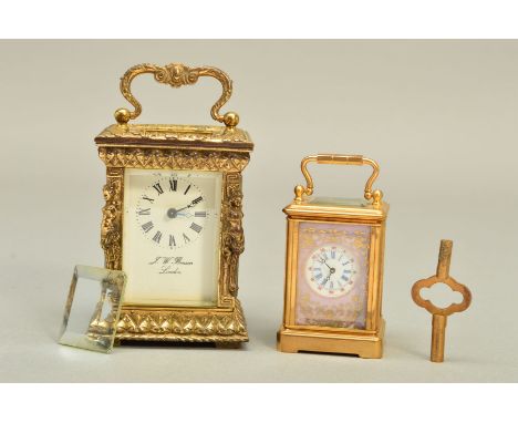 TWO SECOND HALF OF THE 20TH CENTURY MINIATURE BRASS CARRIAGE CLOCKS, the smaller with porcelain panels and with printed circu