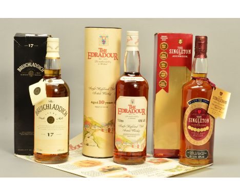 THREE ONE LITRE BOTTLES OF SINGLE MALT, comprising a bottle of The Edradour Single Highland Malt Scotch Whisky, aged 10 years