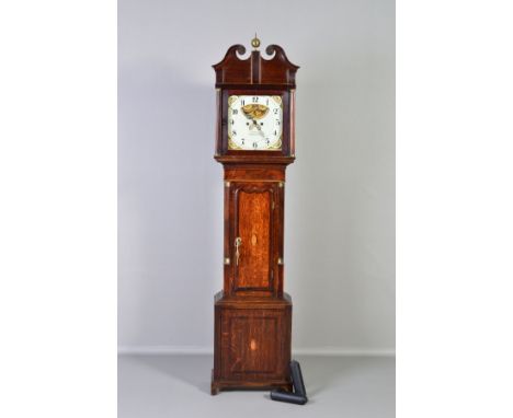 AN EARLY 19TH CENTURY OAK AND MAHOGANY BANDED LONGCASE CLOCK, the broken swan neck pediment with brass sphere finial to centr