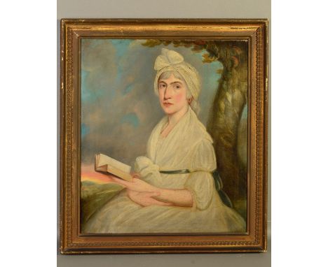 AN 18TH CENTURY STYLE PORTRAIT OF A MATURE FEMALE FIGURE HOLDING A BOOK, open countryside in the distance, unsigned, oil on c