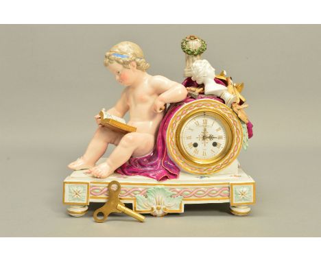 A PORCELAIN MANTEL CLOCK, decorated with a putto reading a book, the clock face is by Howell James &amp; Co, Meissen style ma